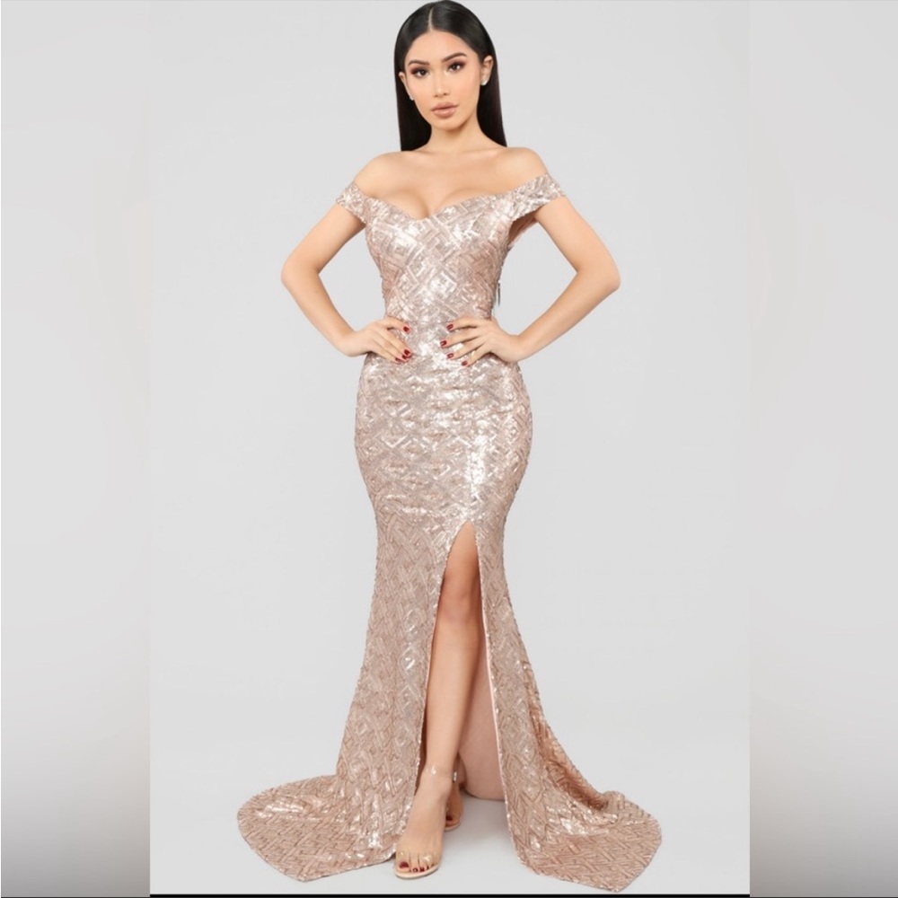 Off-Shoulder Rose Gold Sequin Mermaid Gown